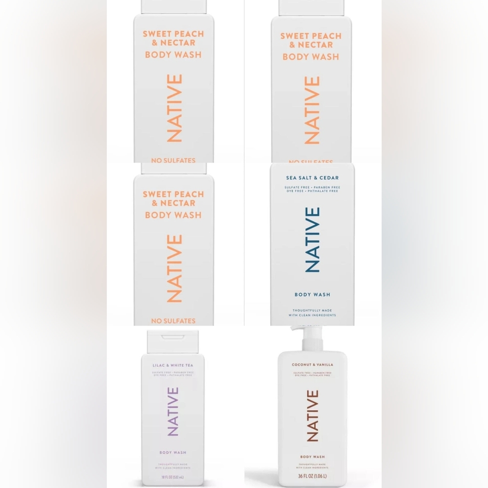 NATIVE BODY WASHES 6 BOTTLES TOTAL (1, 36oz & 5, 18oz Bottles) *Brand New*